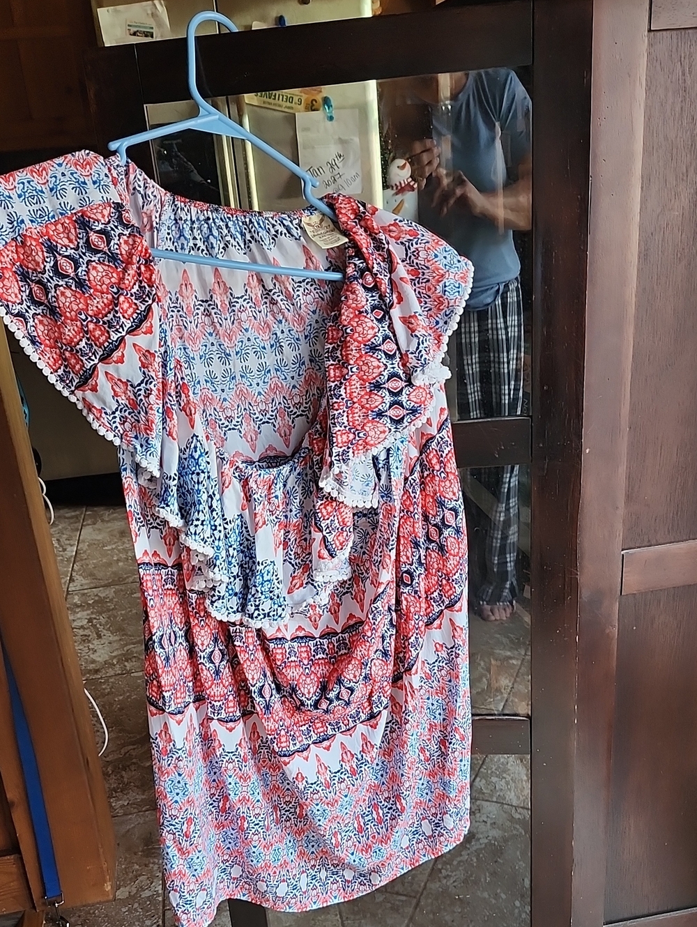 Faded Glory Red, White & Blue Printed Ruffle Off-Shoulder Top